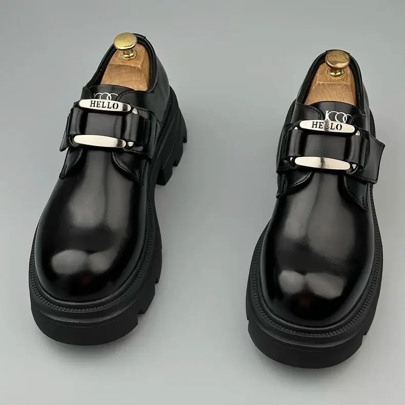 2024 Autumn Men British Style Heightened Commuter Big Head Trend Versatile Round Head Platform Leather Derby Shoes