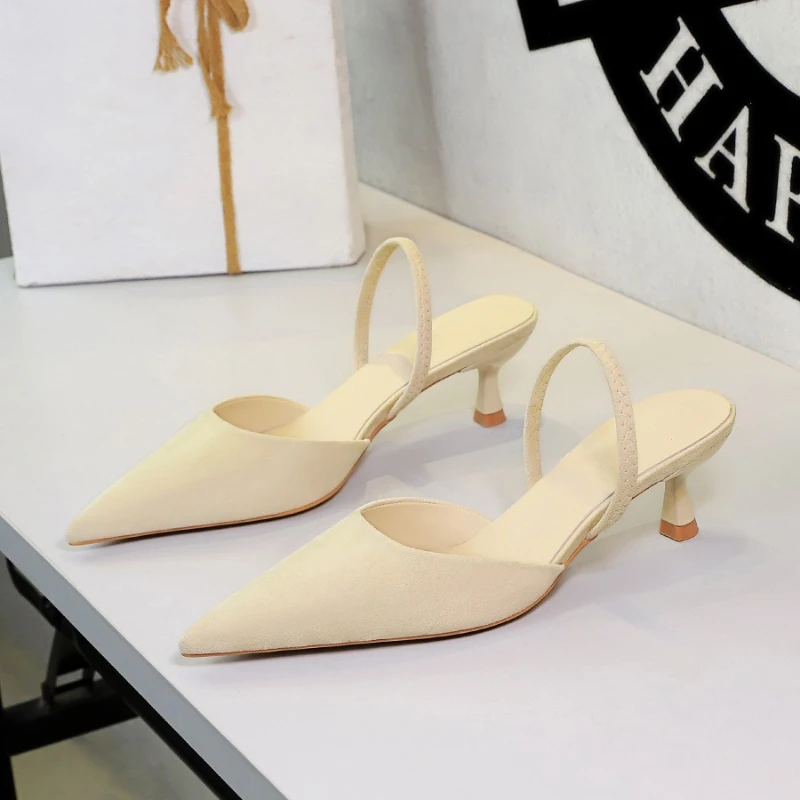 Womens Pumps And Heels Elegant Suede Pointed Toe Slingback Mid Heel Banquet Party Sandals Women Shoes For Woman