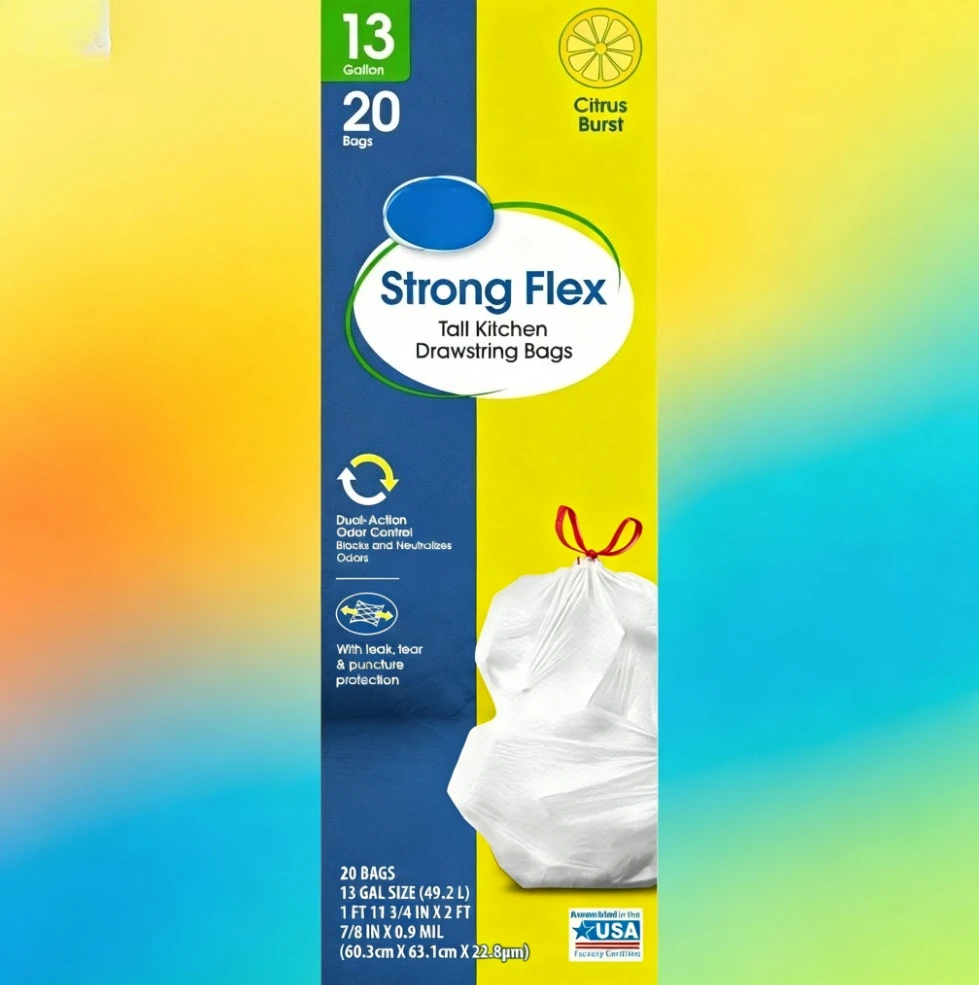 Great Value Strong Flex 13-Gallon Drawstring Tall Kitchen Trash Bags, Citrus Burst, 20 Count