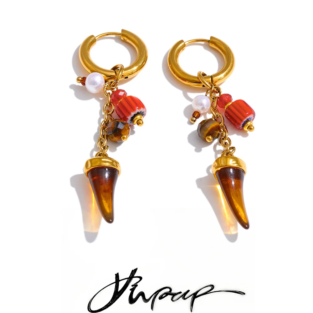 Yhpup Stainless Steel Ceramic Resin Horn Drop Hoop Earrings 2026 Handmade New Arrivals Trendy Charm Attractive France Jewelry