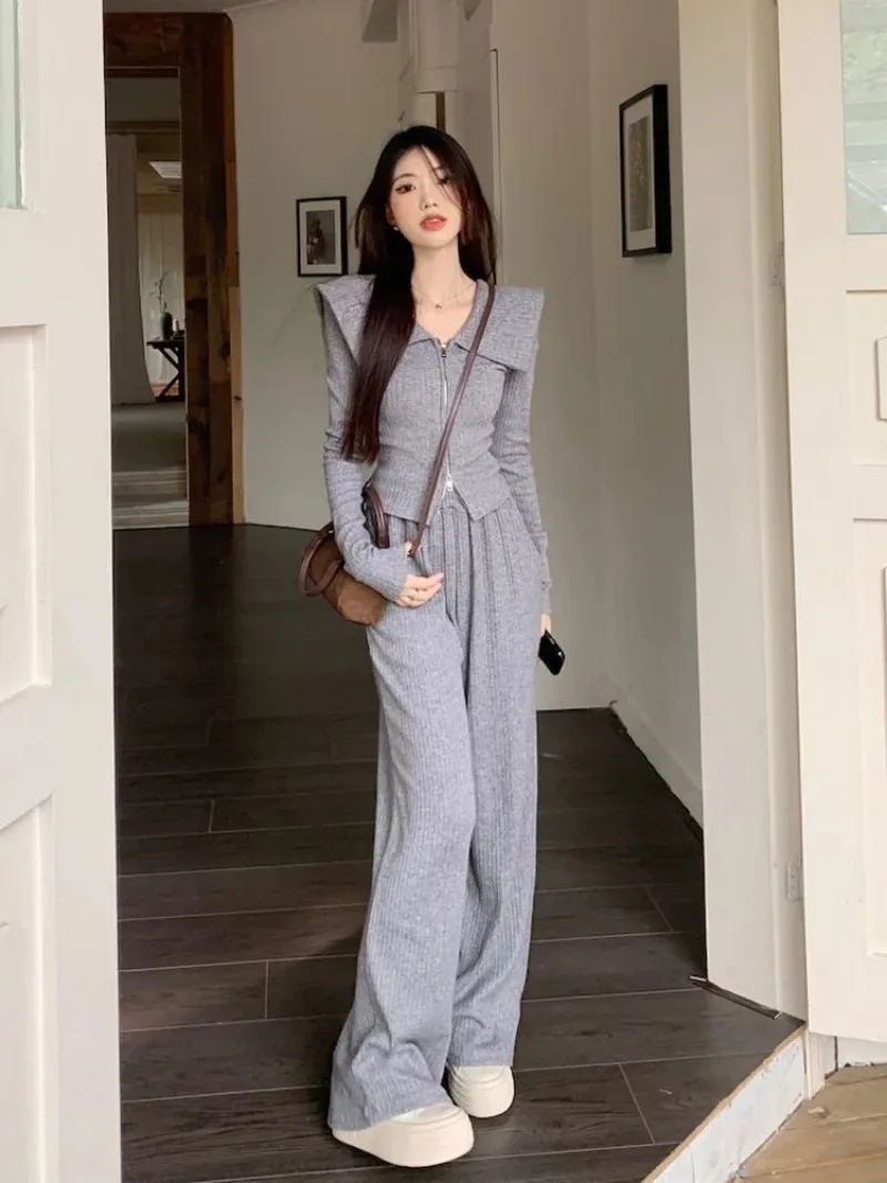 Two Piece Set Women Sweatershirt Suit Slim Doll Neck Coat Lapel Wide Leg Pants Sportswear Casual Fashion Grey Female Outwear New