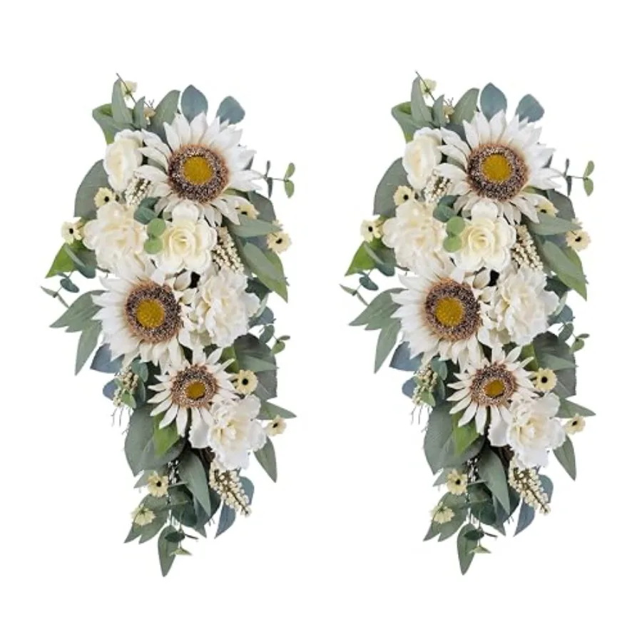 

2-Pcs Spring Summer Floral Teardrop Swags - 28" Artificial Sunflower Peony Rose Teardrop Wreath for Door Wall Window - White Fl