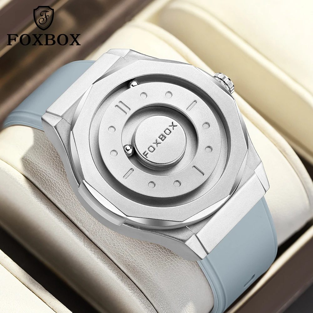 

Часы Foxbox, мужские магнитные часы, кварцевые водонепроницаемые кожаные часы из нержавеющей стали, браслет, черный циферблат, модные спортивные часы