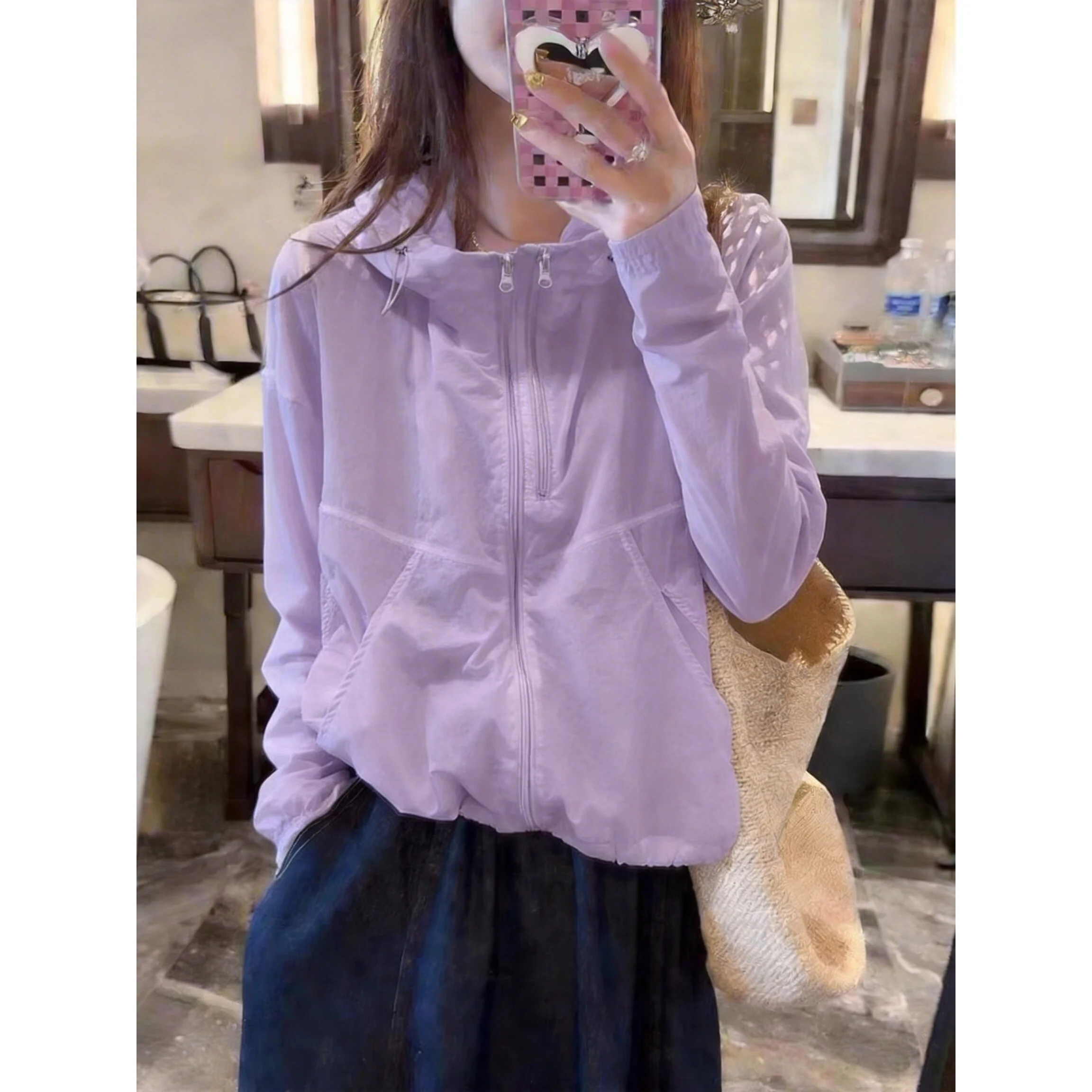 

Double Layer Lazy Style Outdoor Sun Protection Clothes Thin Zipper Women's Fashionable Summer Outerwear Long Sleeve Hoodie