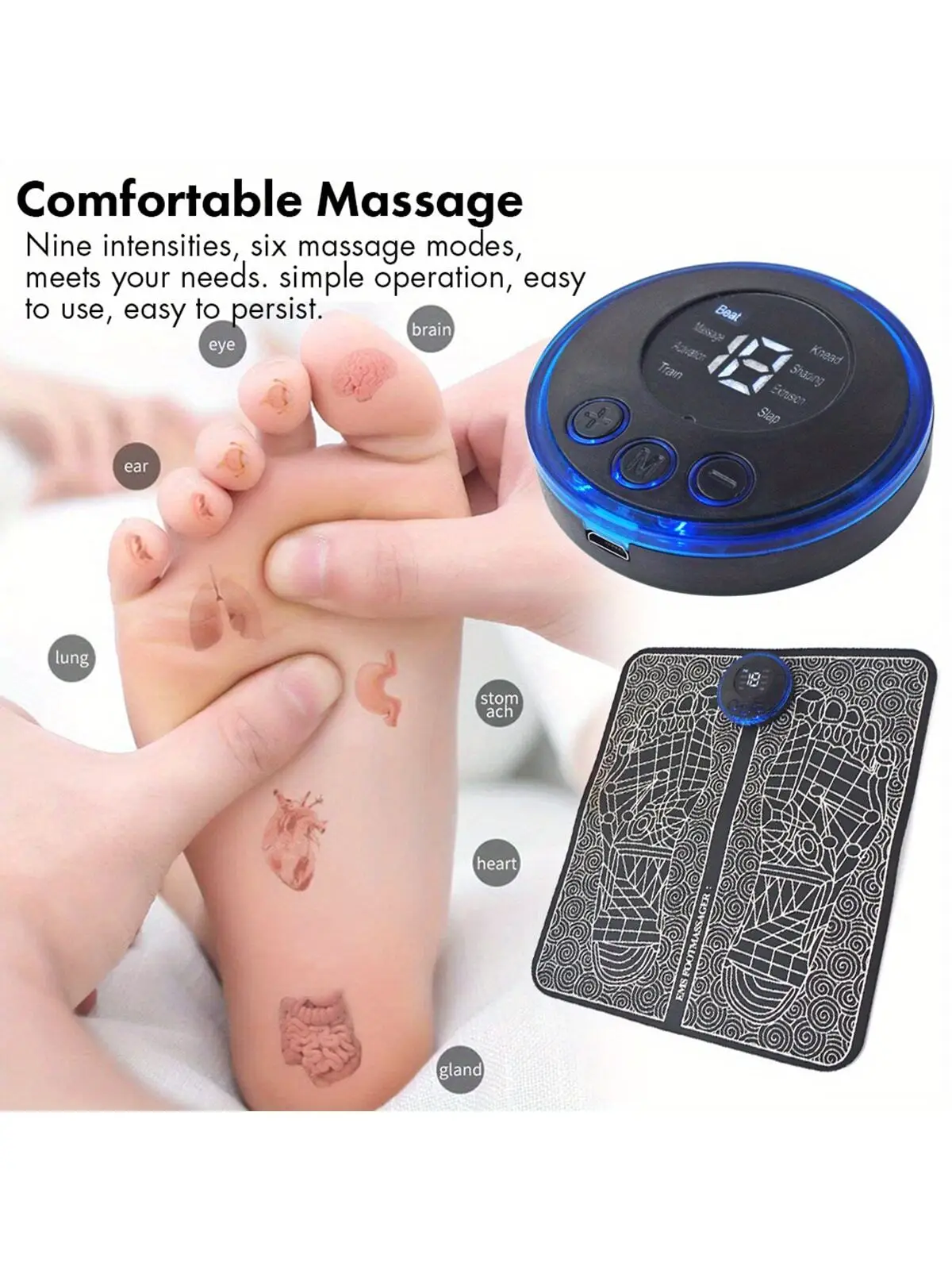 1PC EMS pulse foot massage pad, portable USB charging electric foot circulation massager, can relax feet at home