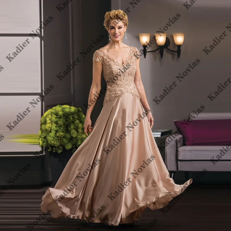

V Neckline Long Champagne Mother of the Bride Dresses Cap Sleeves Robes invitee Mariage Customized Wedding Party Dresses
