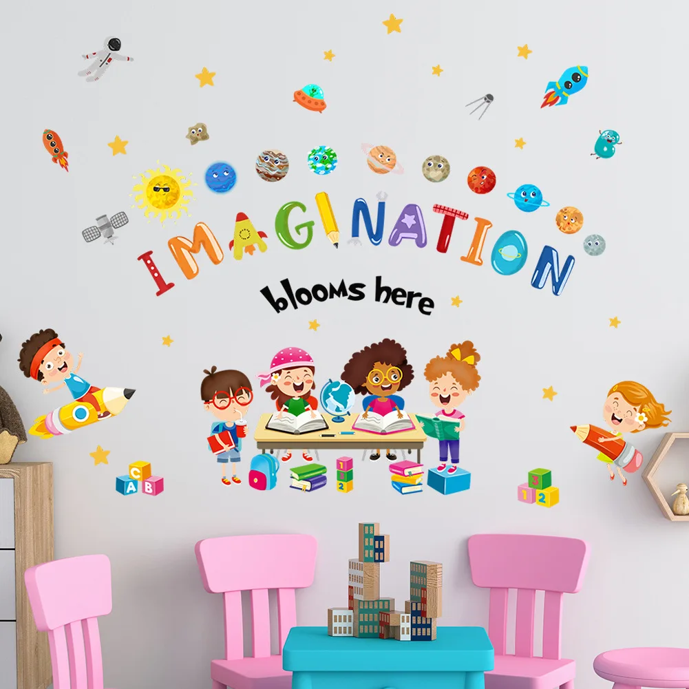 School classroom colorful solar system wall sticker self adhesive cartoon quote wall decal for kids