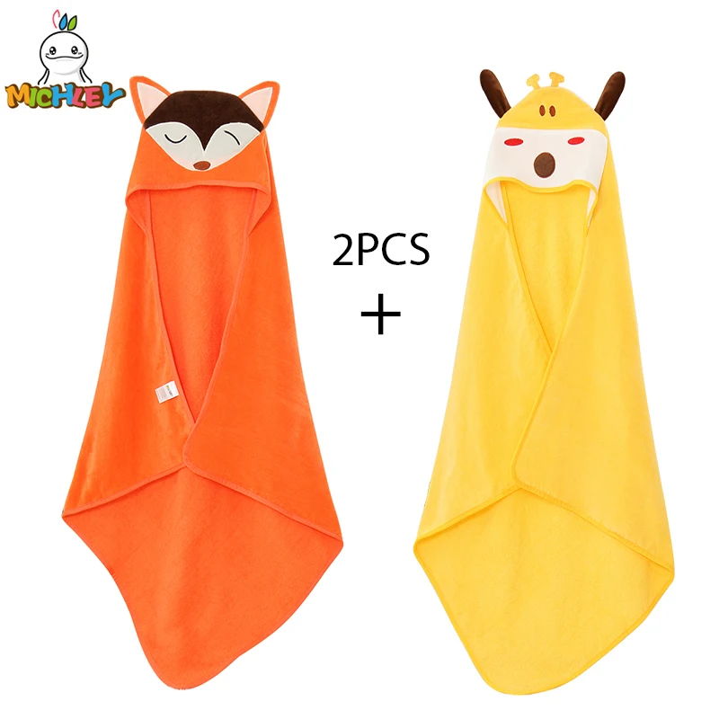 MICHLEY 2PCS Cute Cartoon Baby Bath Towel Newborn Cotton Hooded Soft Infant Bathrobe Unisex Fox Giraffe For Boy Girls 0-6 Months