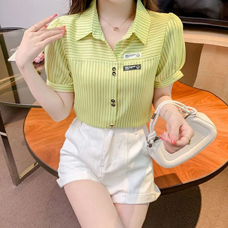 Women\'s Clothing Commute Casual Striped Printed Shirt Summer Stylish Office Lady Button Spliced Short Sleeve Polo-Neck Blouse