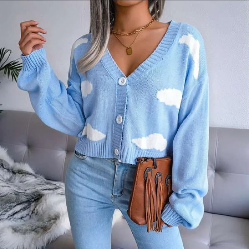 

Women'S Casual Elegant Cloud Print Cropped Button Front Long Sleeve V Neck Knit Cardigan