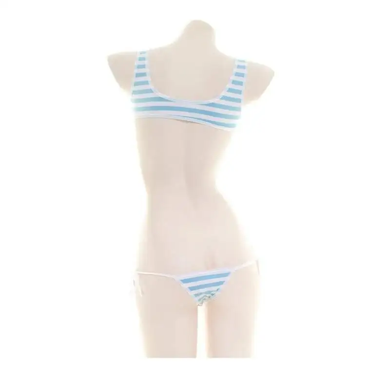 Sexy Japanese Style  Blue White Stripe Bikini Swimsuit Striped Halter Micro Bikini Set Love Female StudenLolita Kawaii Swimsuit view 5