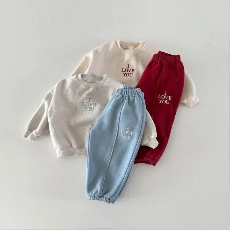 Baby Fleece Winter Sports Set Children Boy Girl Letter Casual Tops+Jogger Pants 2pcs Suit Kids Plus Velvet Thicken Warm Outfits