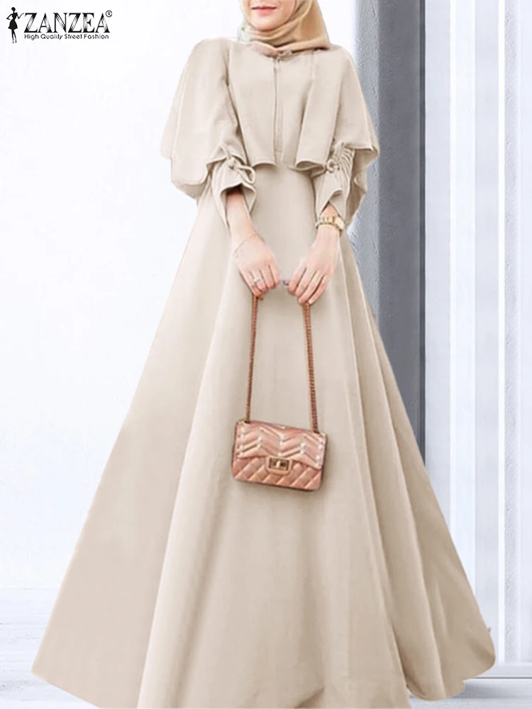 

ZANZEA мусульманские женские платья-накидки исламский хиджабис скромный элегантный круглый вырез на шнурке с длинным рукавом вечернее платье Ид винтажный халат Абая