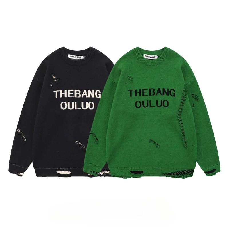 

Frayed Sweaters Men Baggy Asymmetrical High Street European Punk Style Letter Hip Hop Fitness Loose Slouchy Vintage Pullover Ins
