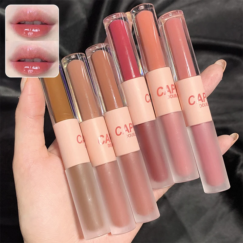 Cappuvini Double Ended Lip Glaze Full Gloss Mirror Matte Velvet Long Term Color Moisture Lip Gloss Anti Stain Cosmetic Lip Glaze
