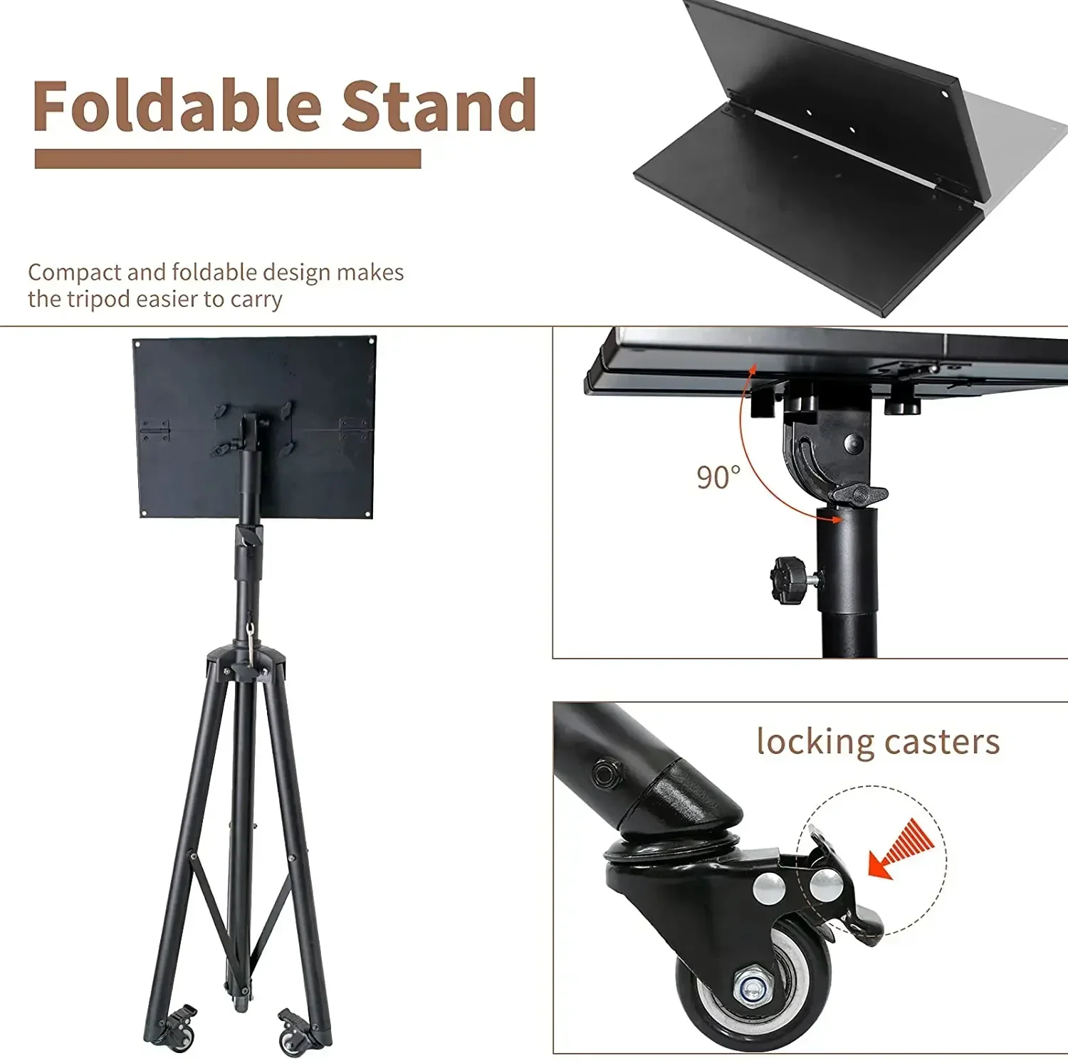 Heavy duty tripod height adjustable laptop stand with Plate and Casters Wheel for Laptop Projector Camera Audio Equipment