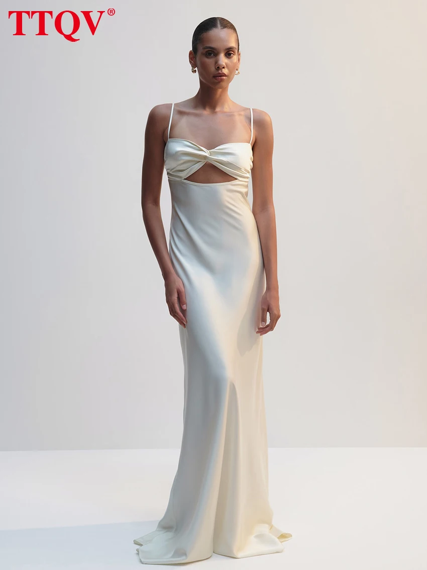 

TTQV Sexy Loose White Satin Women's Dress 2026 Summer Strap Sleeveless Maxi Dresses Elegant Classic Hollow Out Female Dress