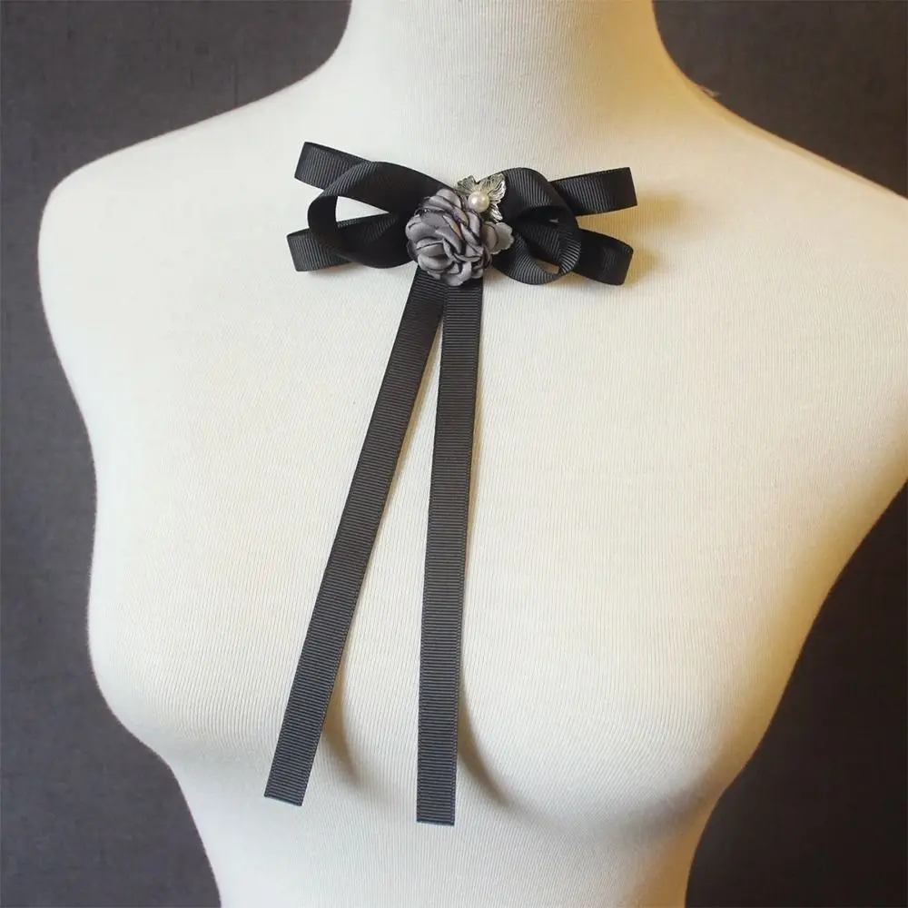 Rhinestone Pearl Bow Blouse Ribbon Bow Tie College Style Graduation Bowknot Black Bank Hotel Shirt Collar Pin Brooch