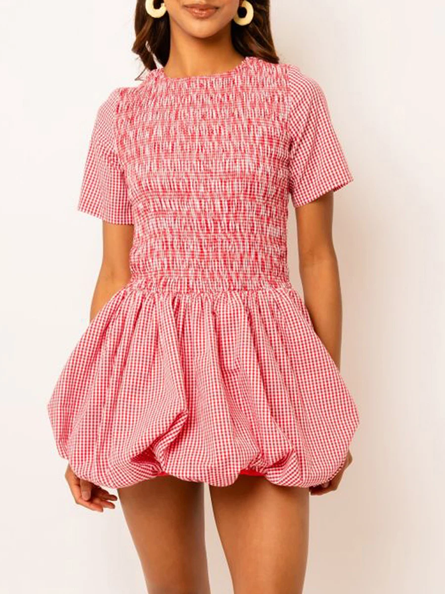 Women s Summer Mini Dress Pink Short Sleeve O Neck  Fit Puffball Plaid Dress