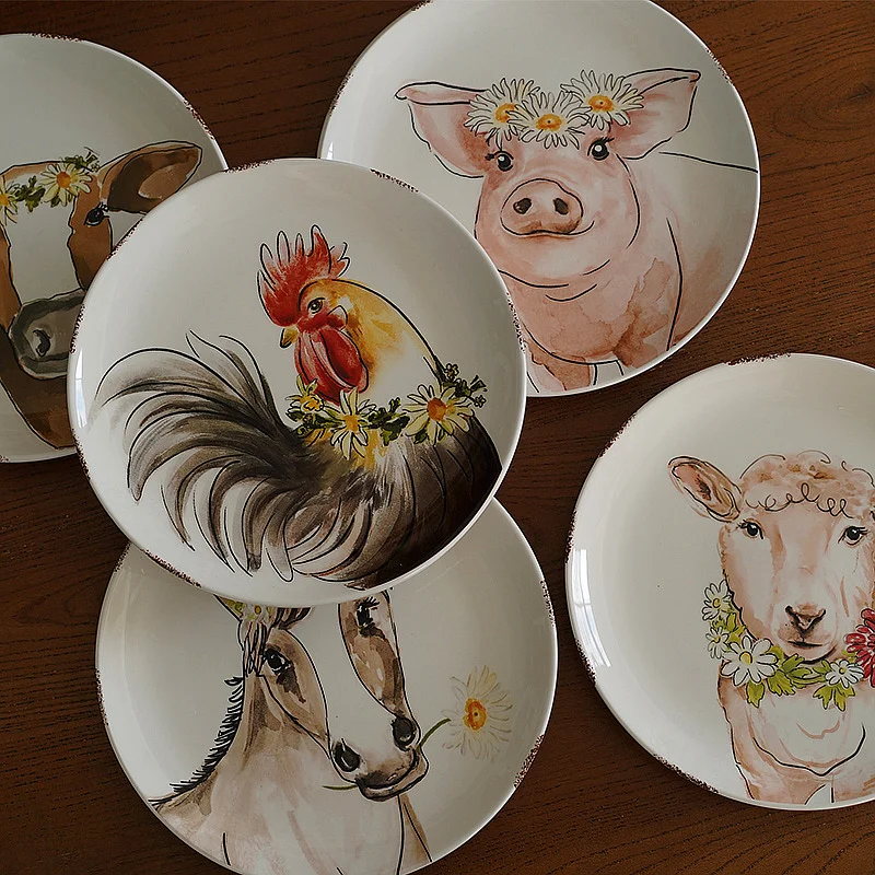 

Animal Illustration Farm Export European irregular plate 8.5 inch Western plate Underglaze color steak plate dish plate