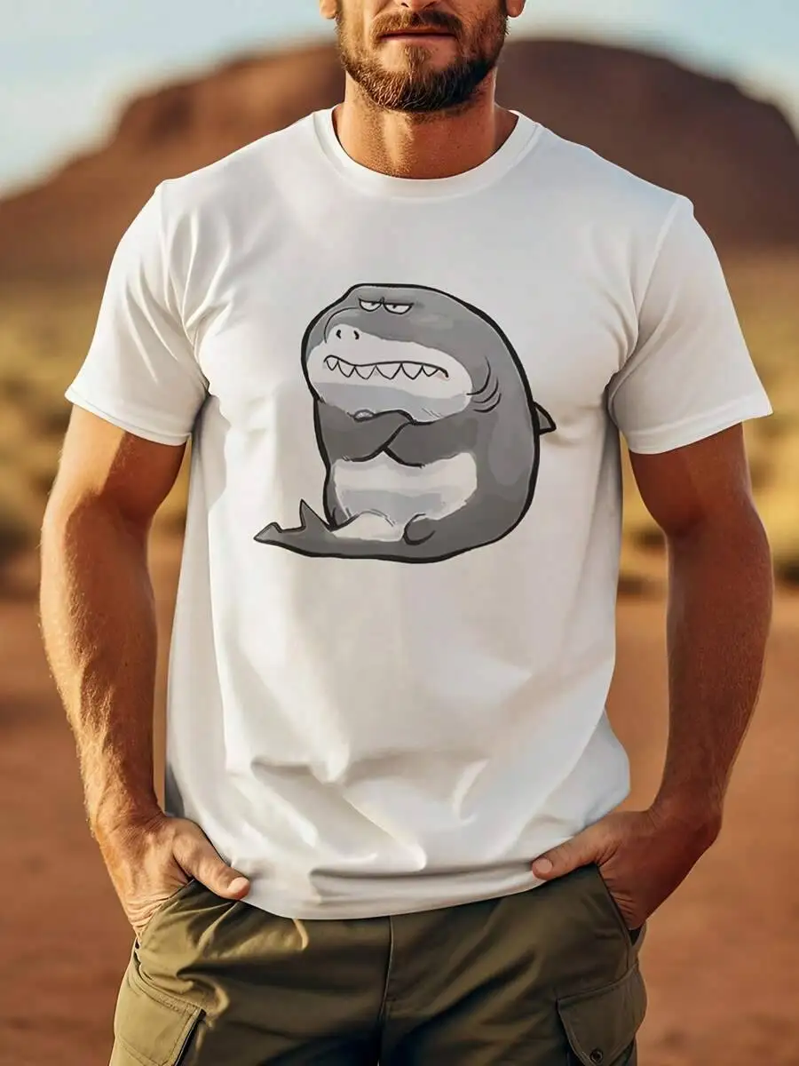 Fashion Shark Round Neck Short Sleeved Men's T-Shirt, Fashionable T-Shirt With A Daily Style 100% Cotton Trendy Y2K Short-Sleeve