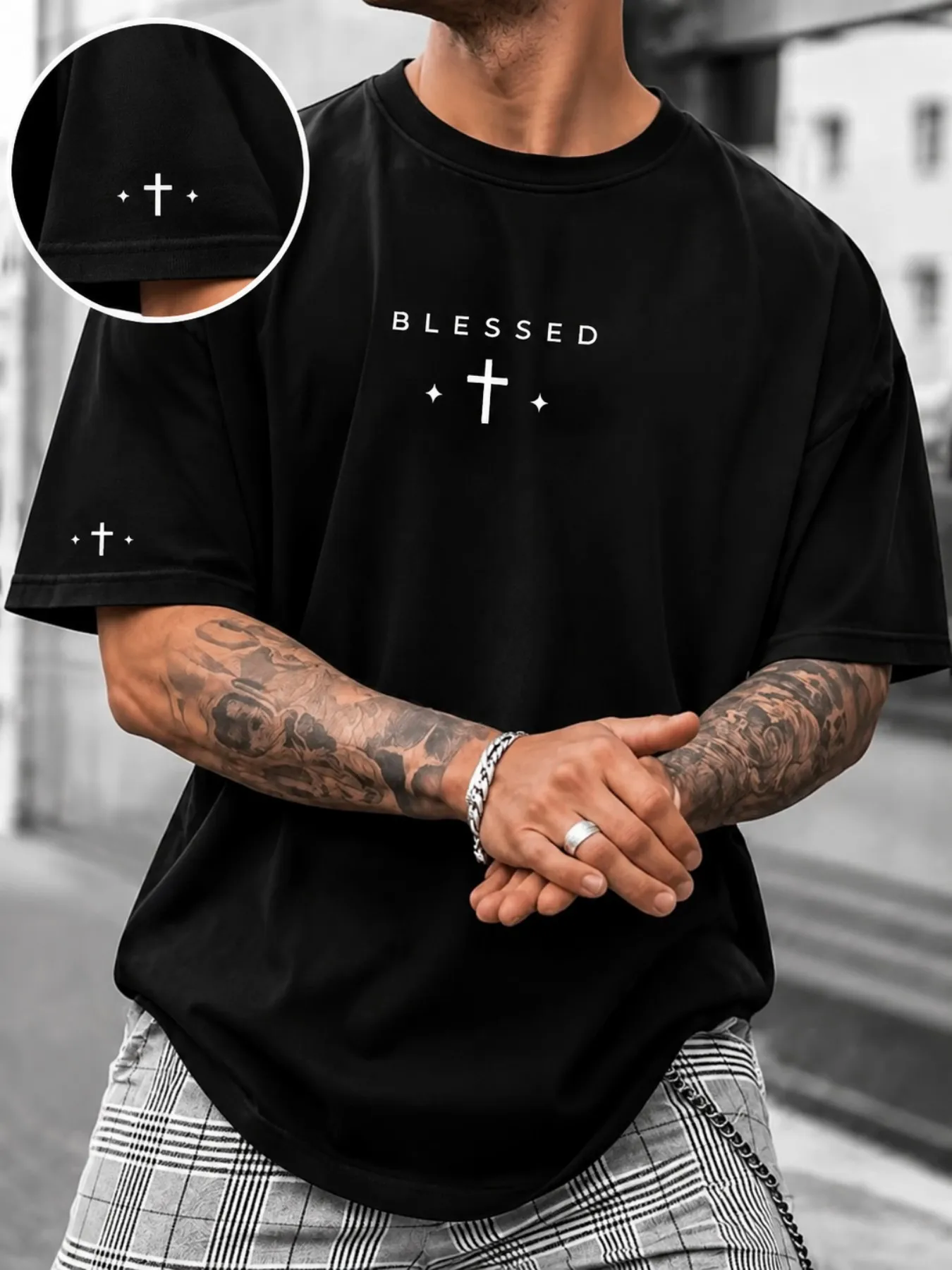Summer Men's New Cross Print Short Sleeved T-shirt, Simple Street Style Round Neck Loose Fitting, Daily Casual Sports Outfit
