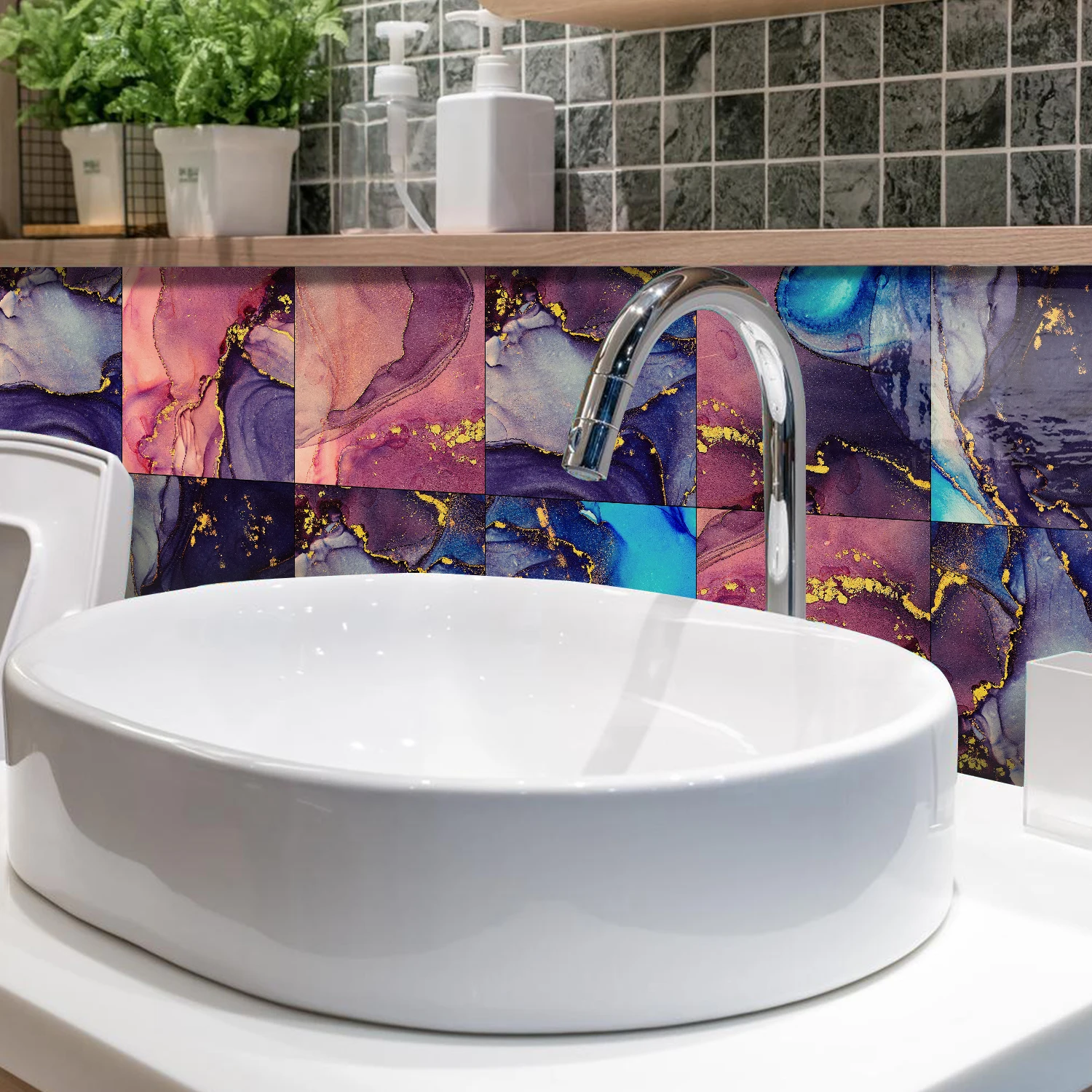 8-teiliges Set bunte Marmor-Wandaufkleber für die Heimdekoration, selbstklebende wasserdichte PVC-Fliesensticker für Küche und Wohnzimmer – Detail 17