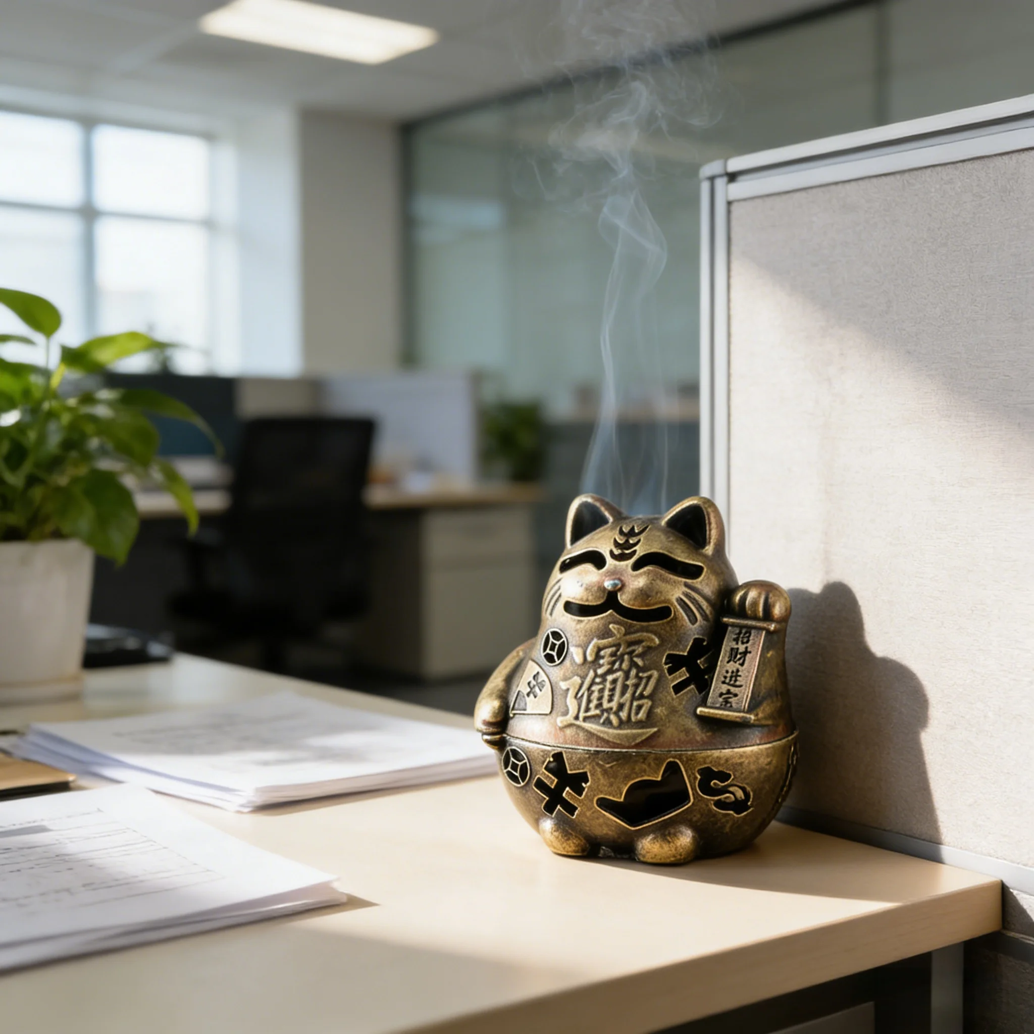 Hollowed Out Patterns Lucky Cat Incense Burner Golden Air Purification Auspicious Cloud Incense Censer Mini Cat Alloy Sandalwood