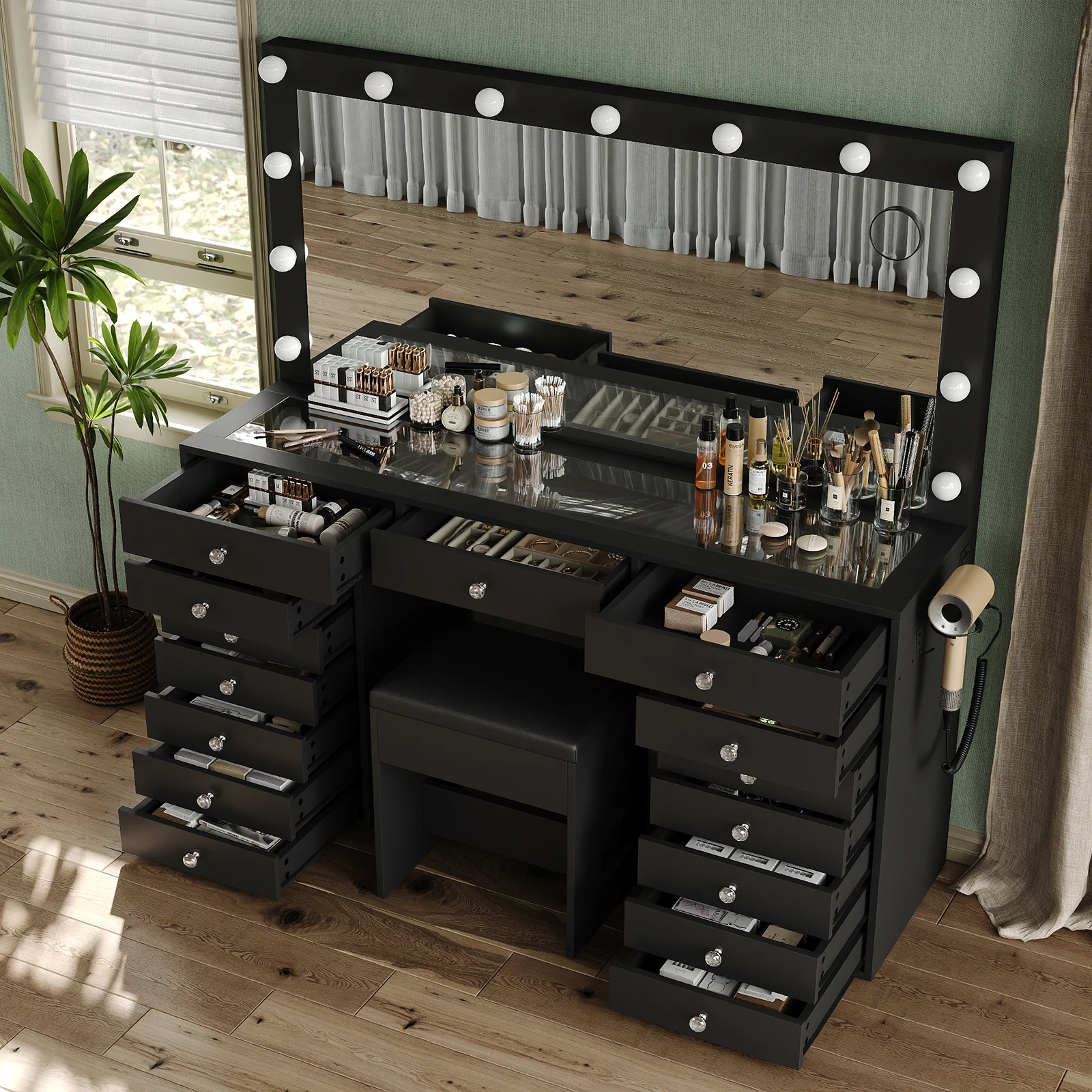 Vanity Table Set with LED Lighted Mirror & Drawers, 3 Dimmable Brightness Settings, Multi-Tier Storage Shelves, Clear Scratch-Resistant Tempered Glass Top with USB Charging Port