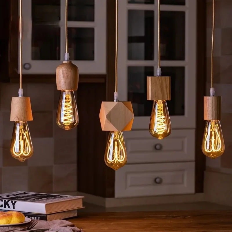 Wooden Pendant Lights Vintage Pendant Lamp E27 Home Decor Decorative Chandelier Bedroom Shop Solid Wood Single Head Lamp