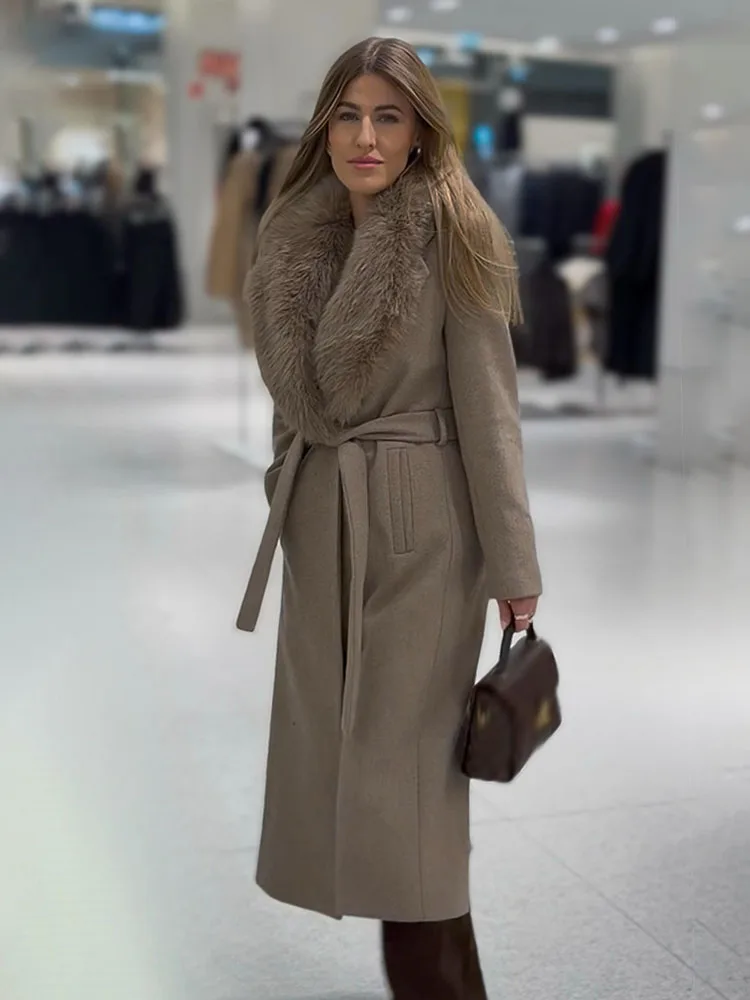 HH Women’S Winter Artificial Fur Effect Lapel Long Sleeves Belt Decoration Single-Row Buckle Long Coat Madam Leisure Coat
