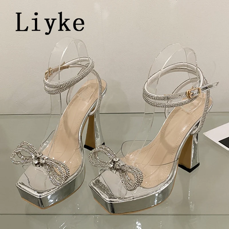 Liyke Super High Sexy Sandals Ladies 2024 Summer Open Toe Crystal Bowknot Platform Heels Party Wedding Shoes Women Black White