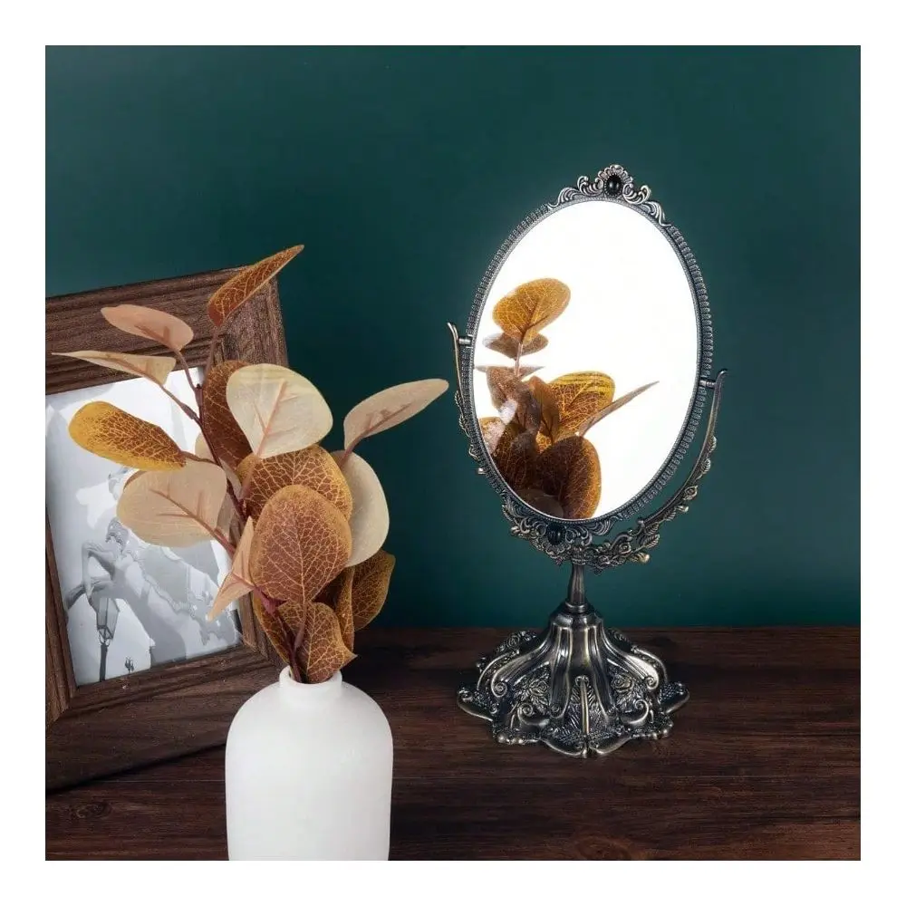 

Metal Vintage Makeup Mirror Floral Tabletop Oval Vanity Swivel Double Sided Mirror With Stand Elegant Decorative For Dressing R
