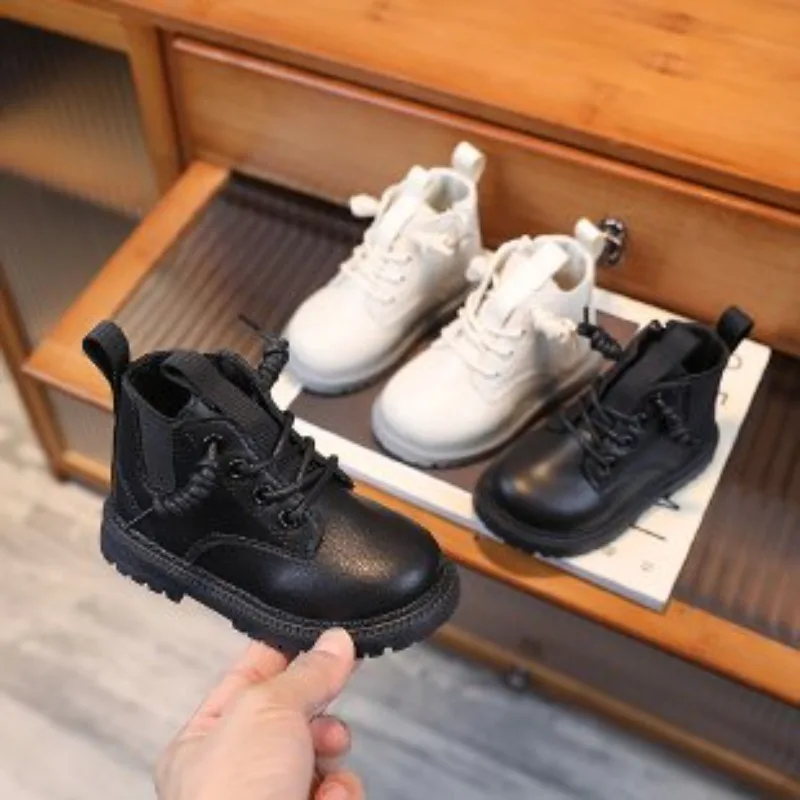 2025 Spring and Autumn New Children's Shoes for Boys, Fashionable, Simple, Handsome, Leather, Girls, Comfortable Fashion Boots