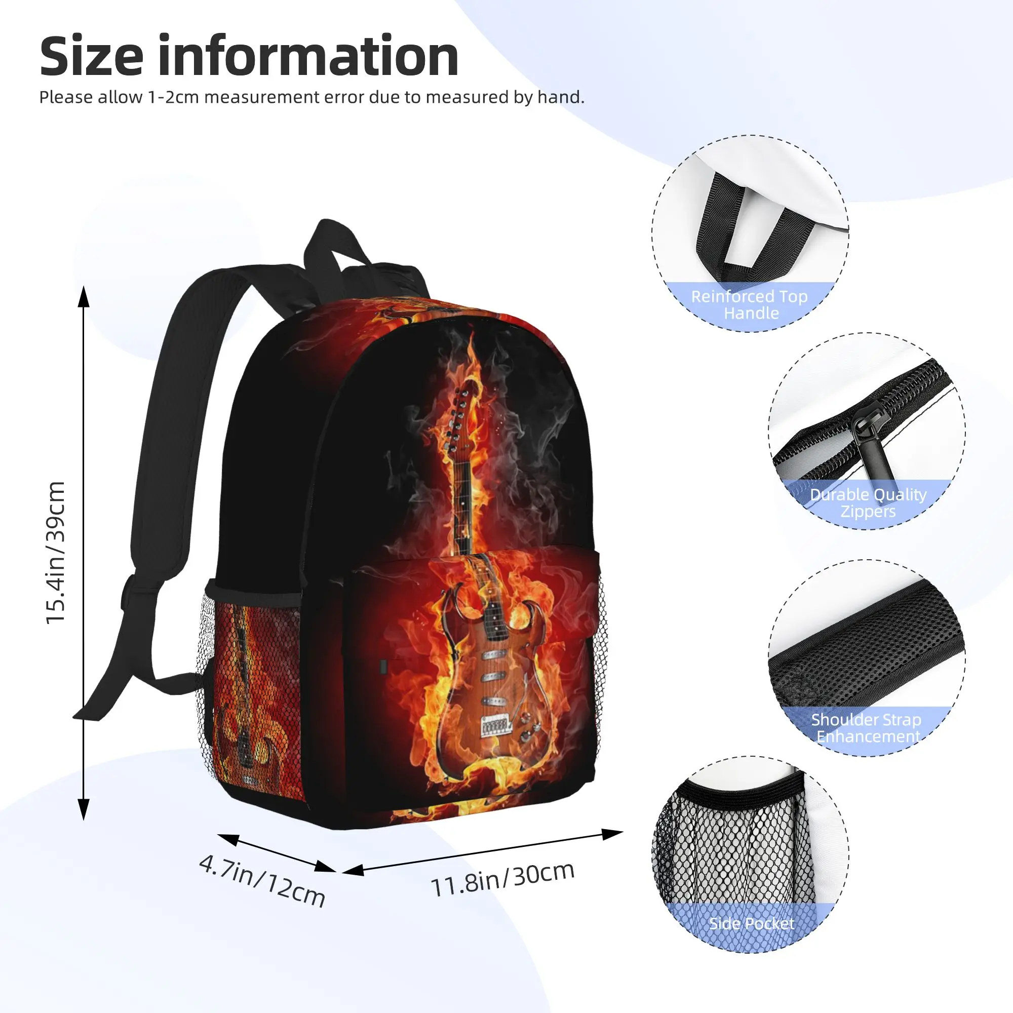 Guitar With Fire In Black Backpack Hot Sale Daypack Large Capacity Boys Girls BookBag Shoulder Bags for Men Women School Bag