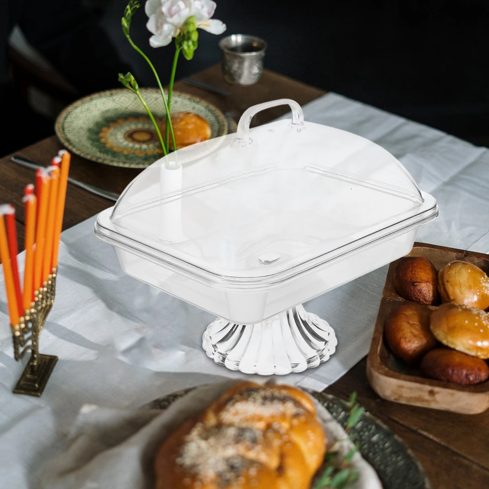 

Transparent Preservation Tray 27cm Rectangular Dome Cover Display Stand Multifunctional Serving Plate Snack Storage Cake Holder