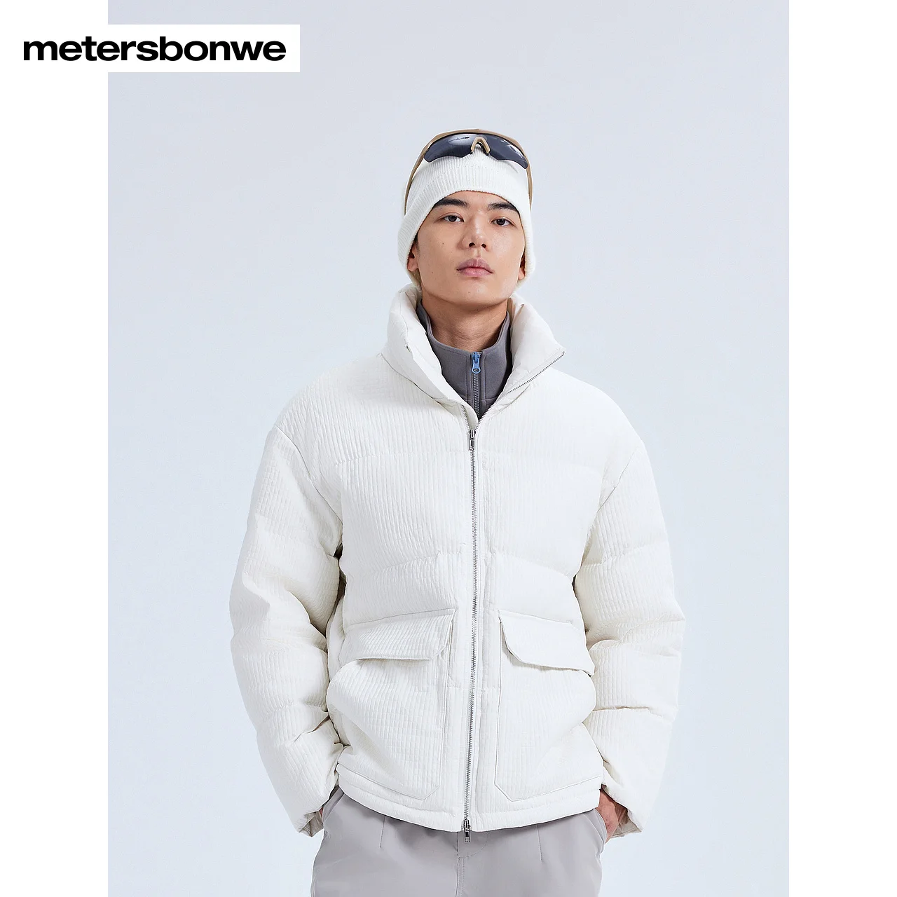 

Metersbonwe-Men Stand Collar Patch Pockets Warm Down Jackets New Gray Duck Down Couple Parker Coats Stylish Windproof Winter