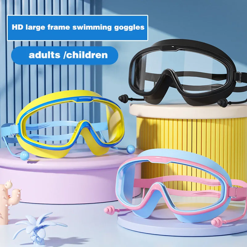 Large Frame Swimming Goggles Waterproof Anti-fog HD Swimming Goggles with Earplugs Boys Girls Pool Beach Eyewear for Adult Kids