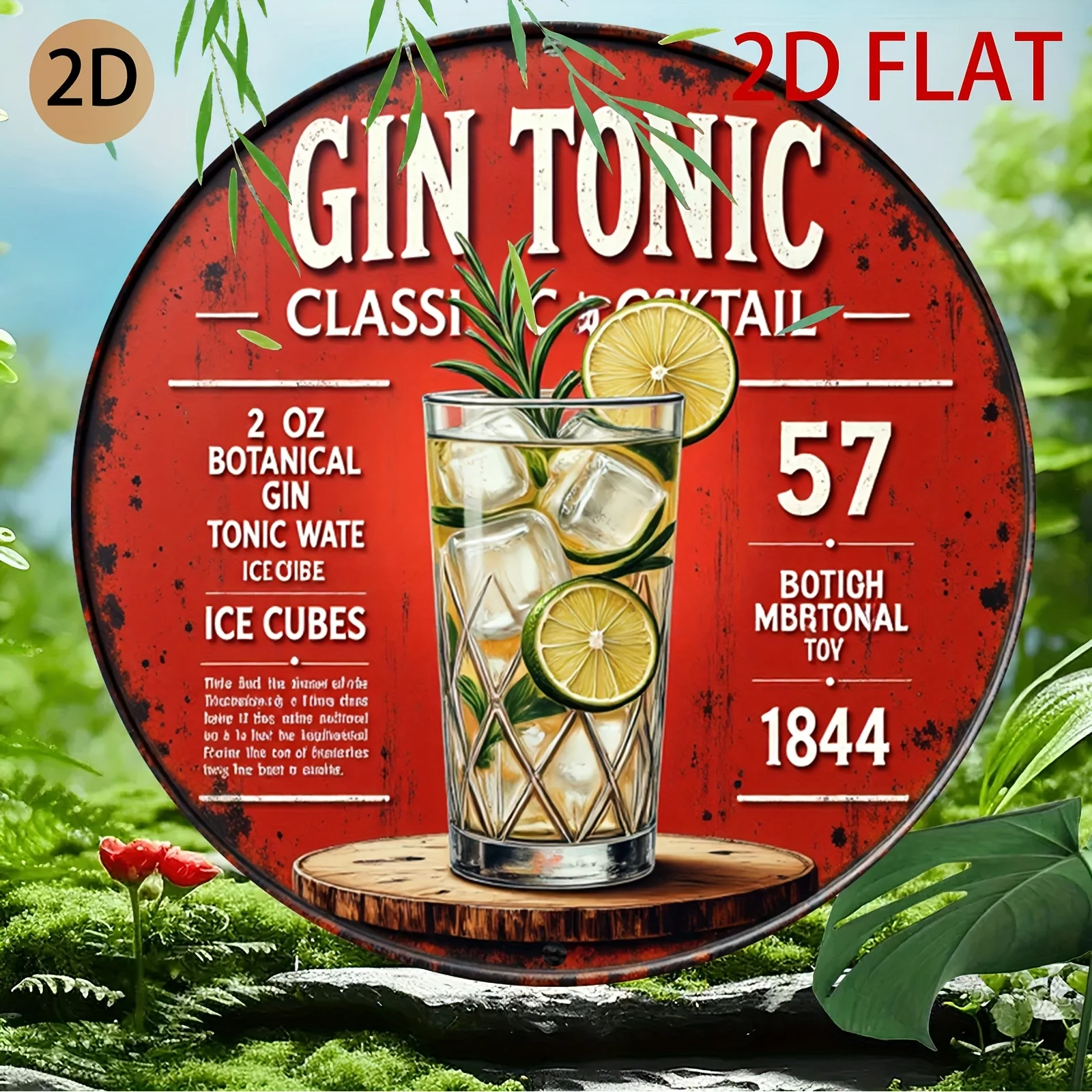 [2D Flat] A Vintage-Style Round Tin Sign Featuring Gin Tonic, Perfect for Decorating a for home Bar Or Café