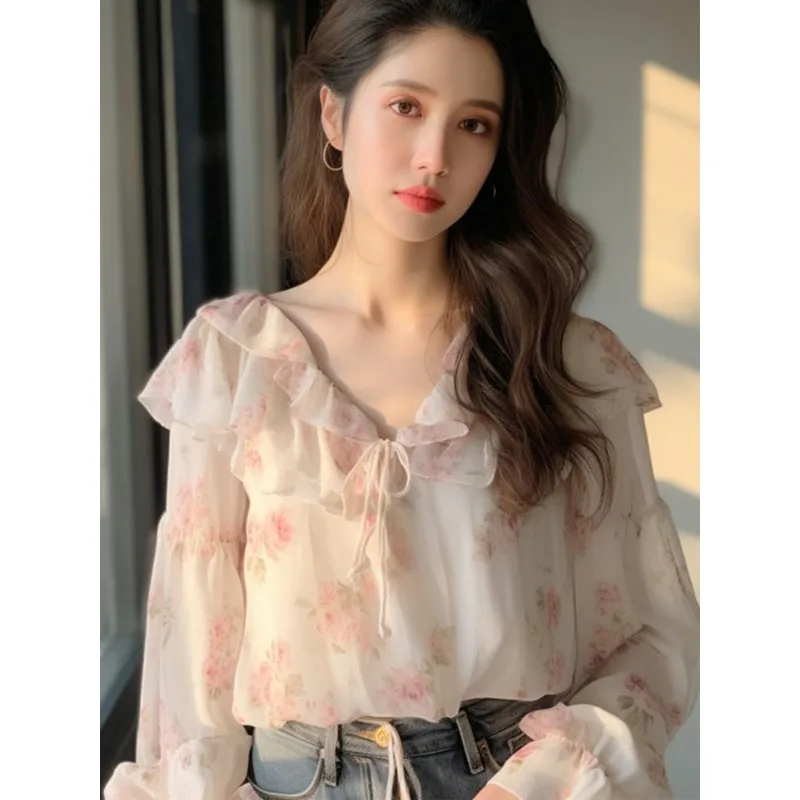 Women's Clothing French Blouses Floral Chiffon Ruffle Shirt