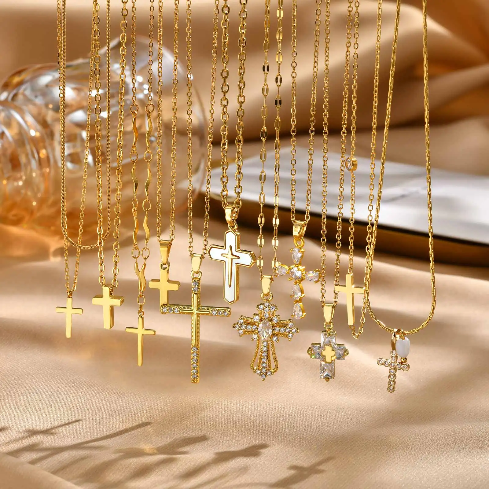 Zircon Cross Pendant Necklace for Women, Gold Plated Cross Charm Necklace, Classic Religion Pray Jewelry Easter Gift for Her