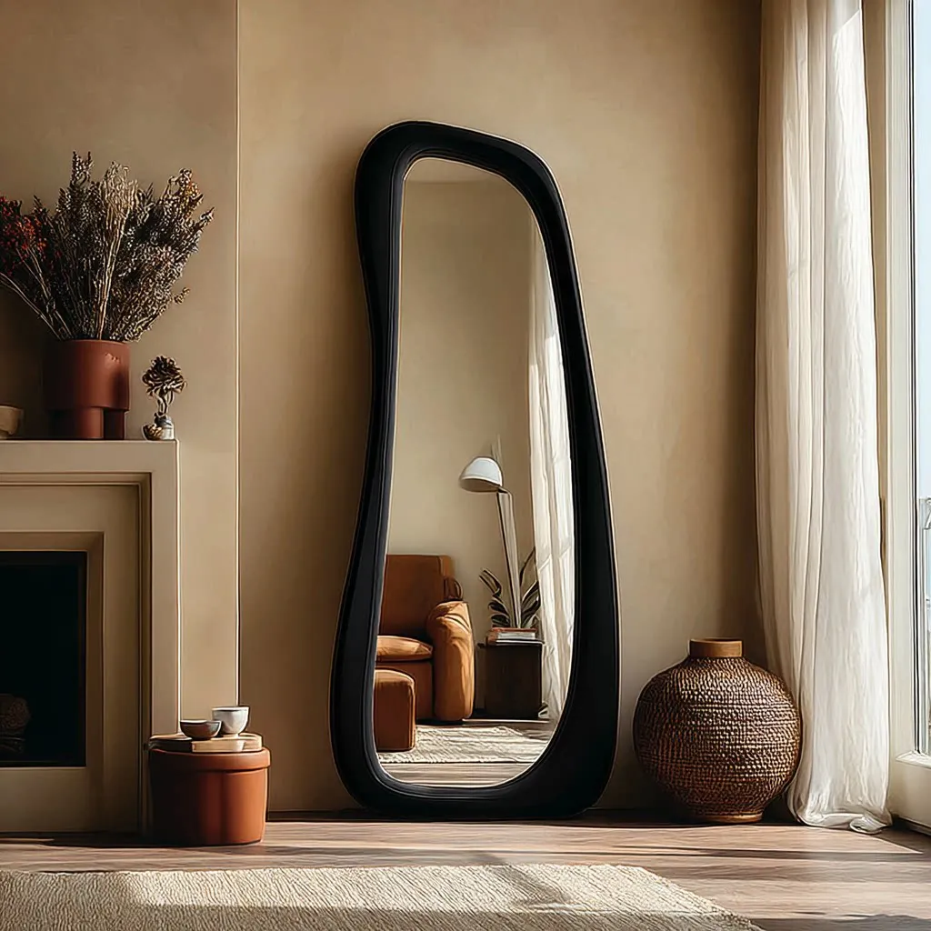 Silent wind special-shaped full-body mirror irregular wave floor mirror advanced sense Internet celebrity black frame full-lengt