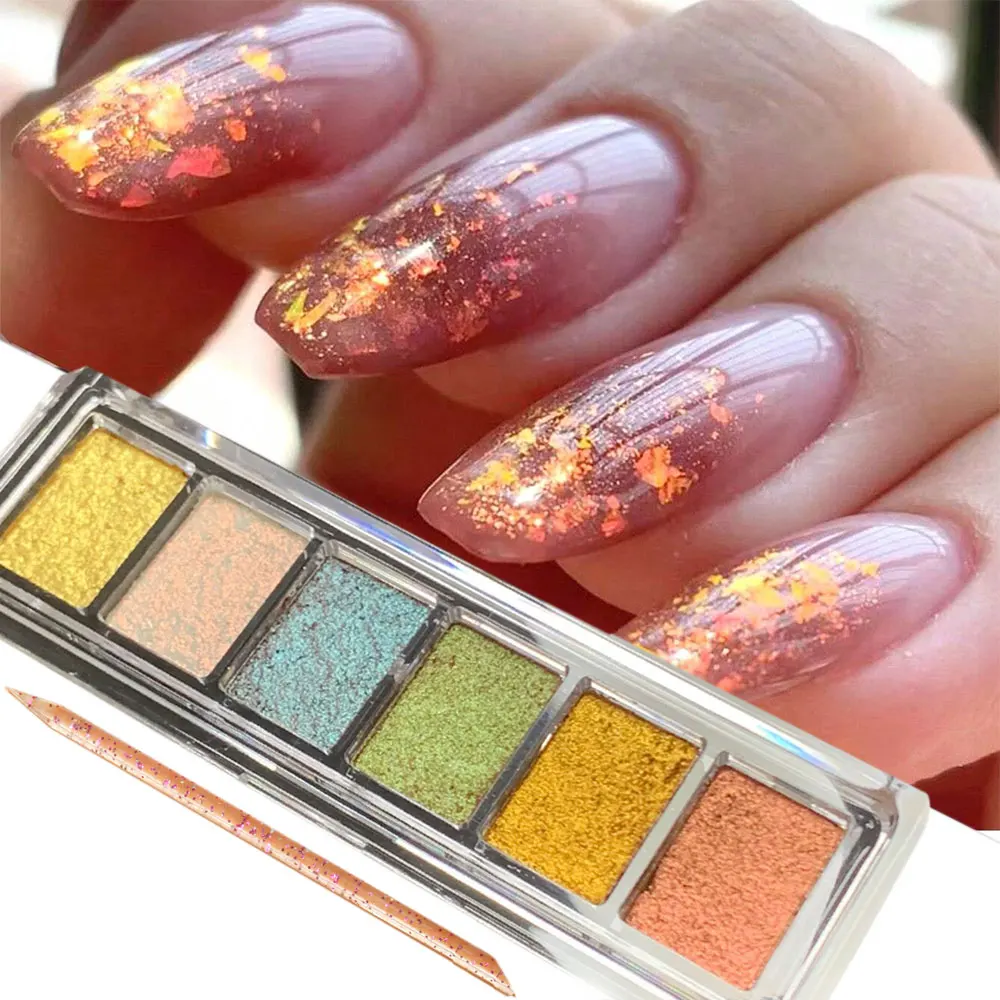 6 Colors Solid Opal Fire Flakes Nail Art Glitter Holographic Translucent Iridescent Paillette Sequins Rubbing Dust Pigment Nail