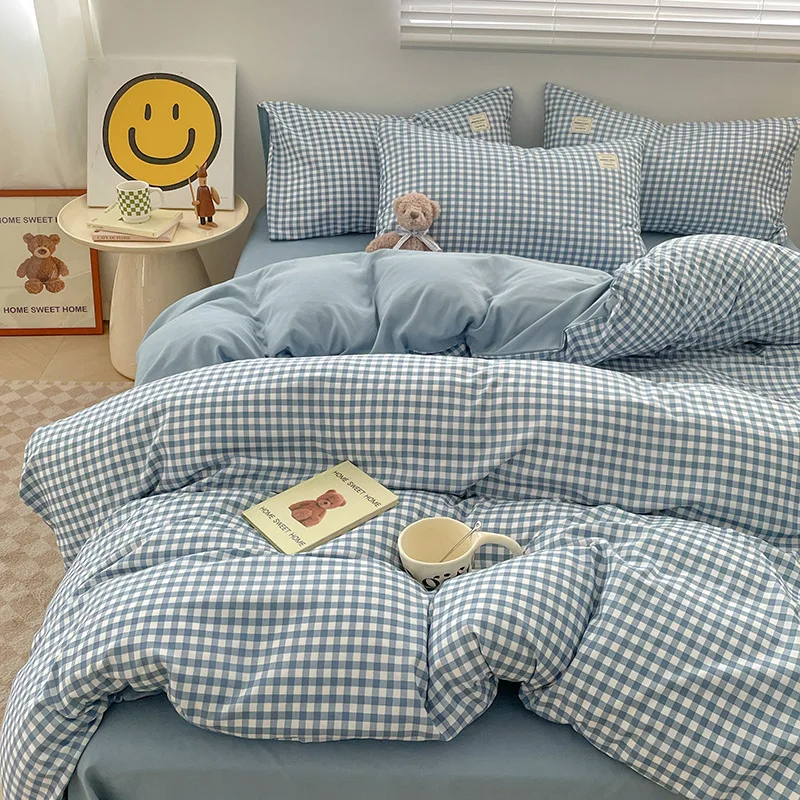 Duvet Cover Bed Set  Linen Pure Cotton Four-piece Set Simple Checkered Washed Cotton Bed Sheets Duvet Covers Striped Bedding