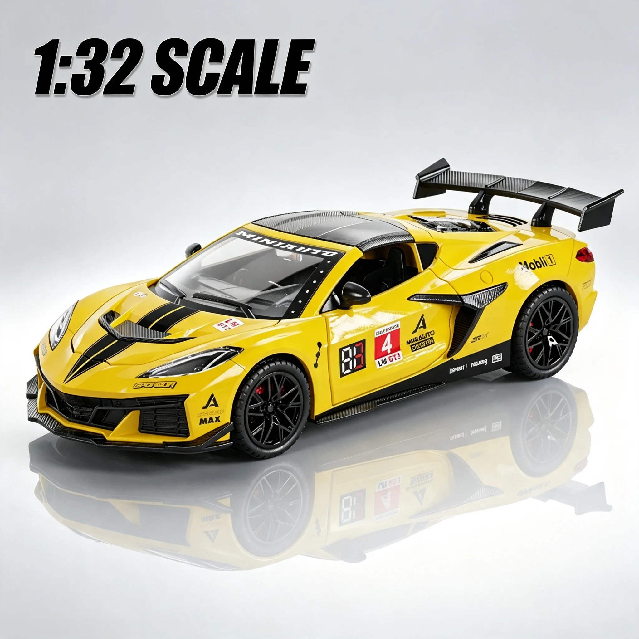 1:32 Corvette C8 Legierungsautomodell mit Sound und Licht, Rückzieh-Spielzeug, Geschenke, Druckguss-Legierungsautomodell, Sammlerstück