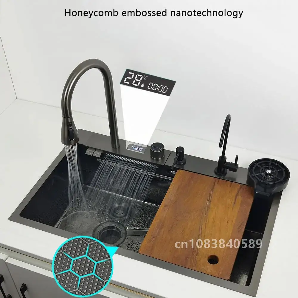 LED waterfall faucet kitchen sink honeycomb anti-scratch nano technology left drain 304 Stainless Steel Large Single basin sinks