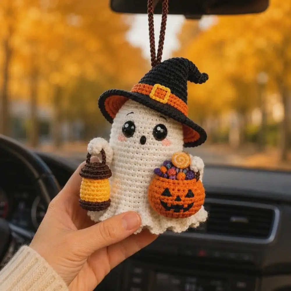 Handmade Crochet Ghost Car Hanging Ornament Decorative Knitted Pendant For Auto Rearview Mirror Interior Accessory
