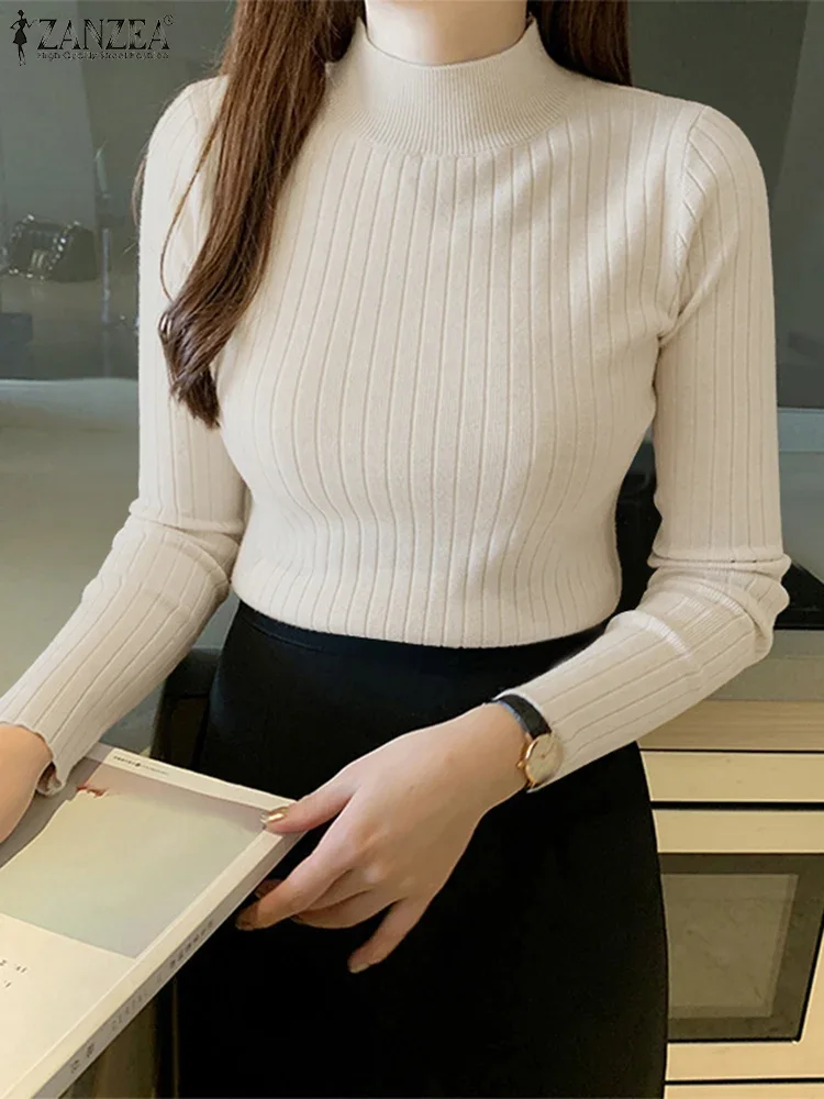 ZANZEA Elegant Women's Knitted T-Shirts 2025 Autumn Comfort Mock Neck Long Sleeve Solid Color Short Pullover Sweaters 6 Colors