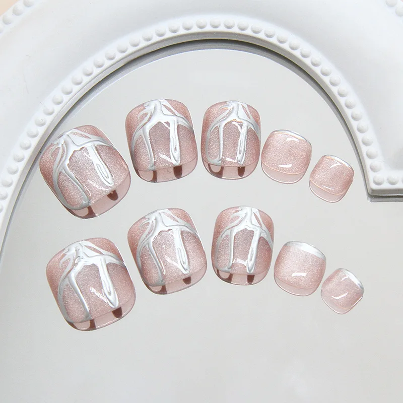 

24pcs Cat Eye Toe Nails - Liquid Metallic Silver with 3D Border, Ins Style Fake Toenails for Women