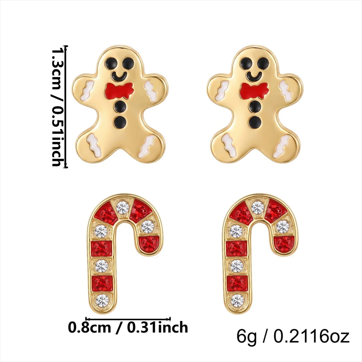 2 Paar/Set Niedliche Weihnachts-Lebkuchenmann-Zuckerstangen-Ohrstecker für Damen, Mini-Emaille-Schleifen-Blatt-Ohrringe, Neujahrs-Schmuck – Detail 27